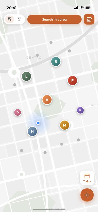 The Spunto map showing venue markers around the user’s location
