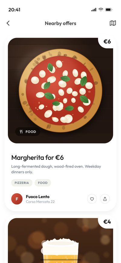 The list of nearby offers, each with a photo, a price and the venue’s name