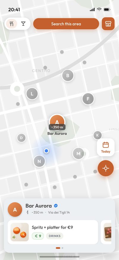 A venue selected on the map, with the panel of its offers open at the bottom